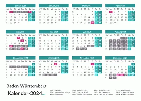 Kalender mit Ferien Baden-Württemberg 2024 Vorschau