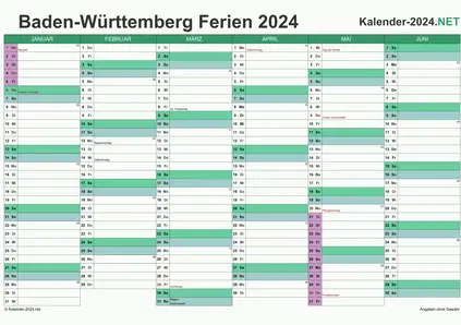 Halbjahreskalender mit Ferien Baden-Württemberg 2024 Vorschau