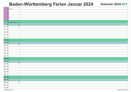Vorschau EXCEL-Monatskalender 2024 mit den Ferien Baden-Württemberg