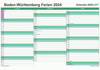 Vorschau EXCEL-Quartalskalender 2024 mit den Ferien Baden-Württemberg