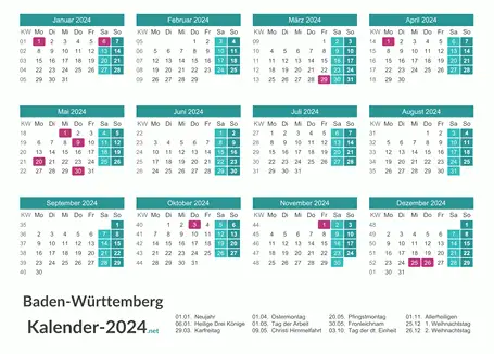 Baden-Württemberg Kalender 2024 + Feiertage Vorschau