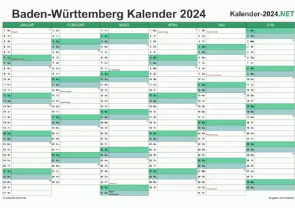 Vorschau Halbjahreskalender 2024 für EXCEL Baden-Württemberg