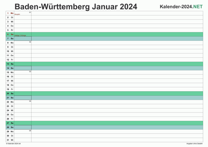 Vorschau Monatskalender 2024 für EXCEL Baden-Württemberg
