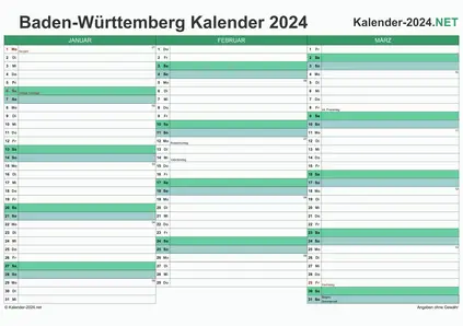Vorschau Quartalskalender 2024 für EXCEL Baden-Württemberg