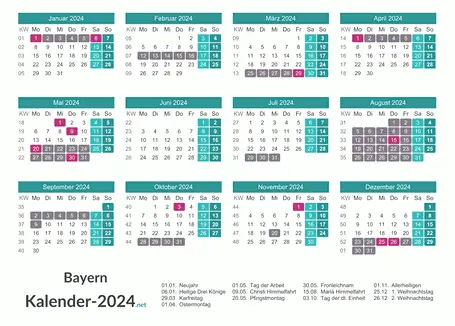 Kalender mit Ferien Bayern 2024 Vorschau