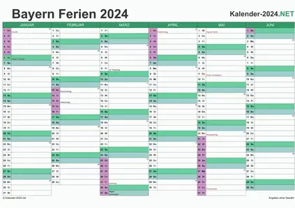 Vorschau EXCEL-Halbjahreskalender 2024 mit den Ferien Bayern
