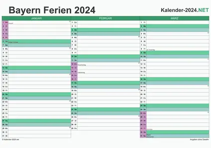 Vorschau EXCEL-Quartalskalender 2024 mit den Ferien Bayern