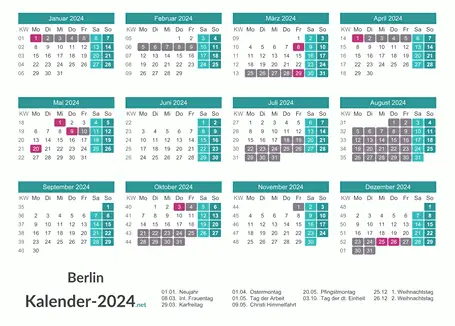 Kalender mit Ferien Berlin 2024 Vorschau