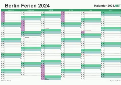 Halbjahreskalender mit Ferien Berlin 2024 Vorschau