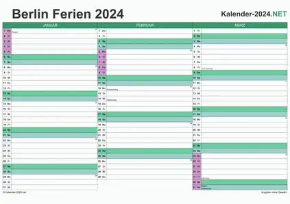 Vorschau EXCEL-Quartalskalender 2024 mit den Ferien Berlin