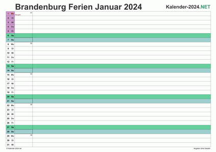 Vorschau EXCEL-Monatskalender 2024 mit den Ferien Brandenburg