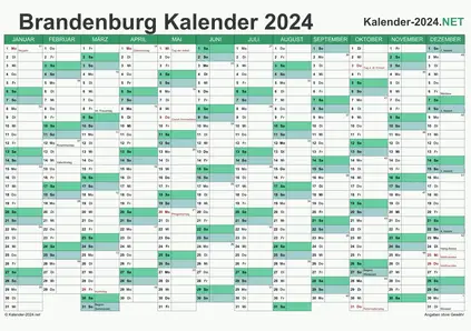 Vorschau Kalender 2024 für EXCEL mit Feiertagen Brandenburg