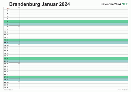 Vorschau Monatskalender 2024 für EXCEL Brandenburg