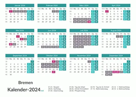 Kalender mit Ferien Bremen 2024 Vorschau