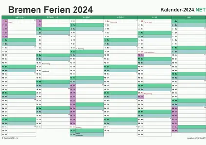 Vorschau EXCEL-Halbjahreskalender 2024 mit den Ferien Bremen