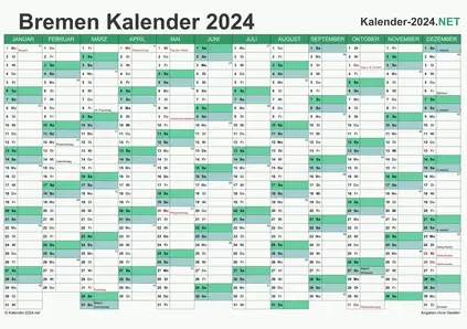 Vorschau Kalender 2024 für EXCEL mit Feiertagen Bremen