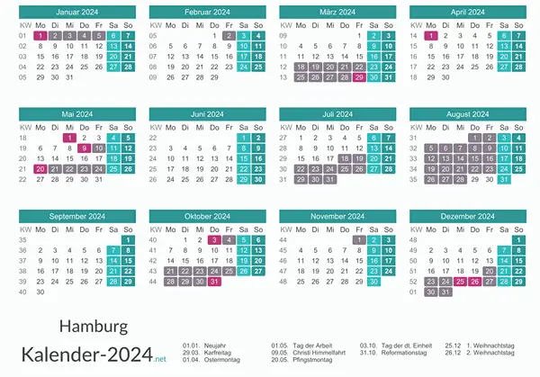 Kalender mit Ferien Hamburg 2024 Vorschau