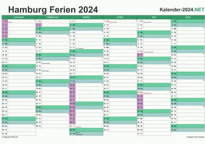 Vorschau EXCEL-Halbjahreskalender 2024 mit den Ferien Hamburg
