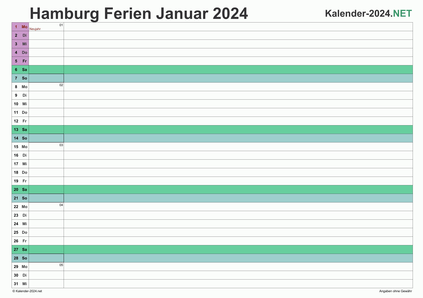 Vorschau EXCEL-Monatskalender 2024 mit den Ferien Hamburg
