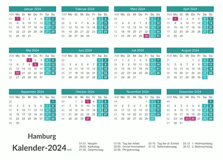 Hamburg Kalender 2024 + Feiertage Vorschau