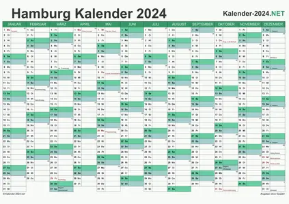 Vorschau Kalender 2024 für EXCEL mit Feiertagen Hamburg