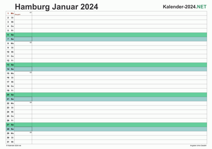 Vorschau Monatskalender 2024 für EXCEL Hamburg