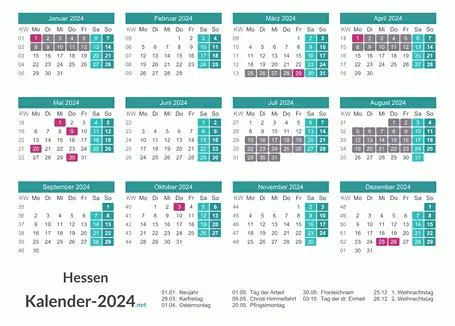 Kalender mit Ferien Hessen 2024 Vorschau