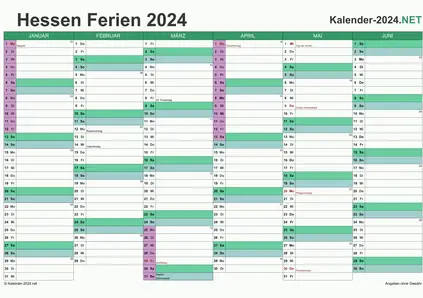 Vorschau EXCEL-Halbjahreskalender 2024 mit den Ferien Hessen
