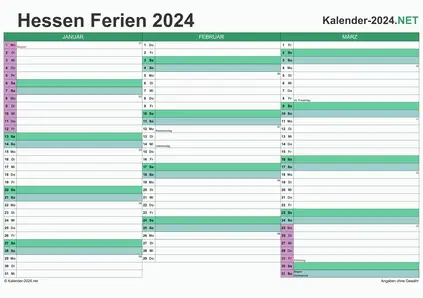 Vorschau EXCEL-Quartalskalender 2024 mit den Ferien Hessen