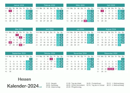 Hessen Kalender 2024 + Feiertage Vorschau