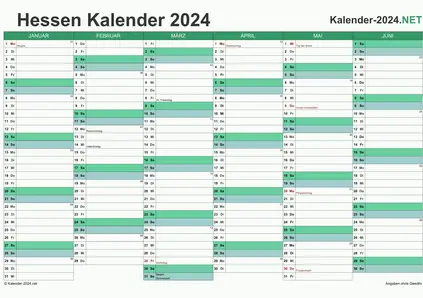 Vorschau Halbjahreskalender 2024 für EXCEL Hessen