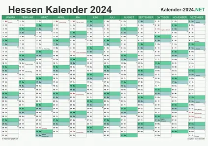 Vorschau Kalender 2024 für EXCEL mit Feiertagen Hessen