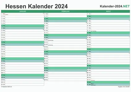 Vorschau Quartalskalender 2024 für EXCEL Hessen
