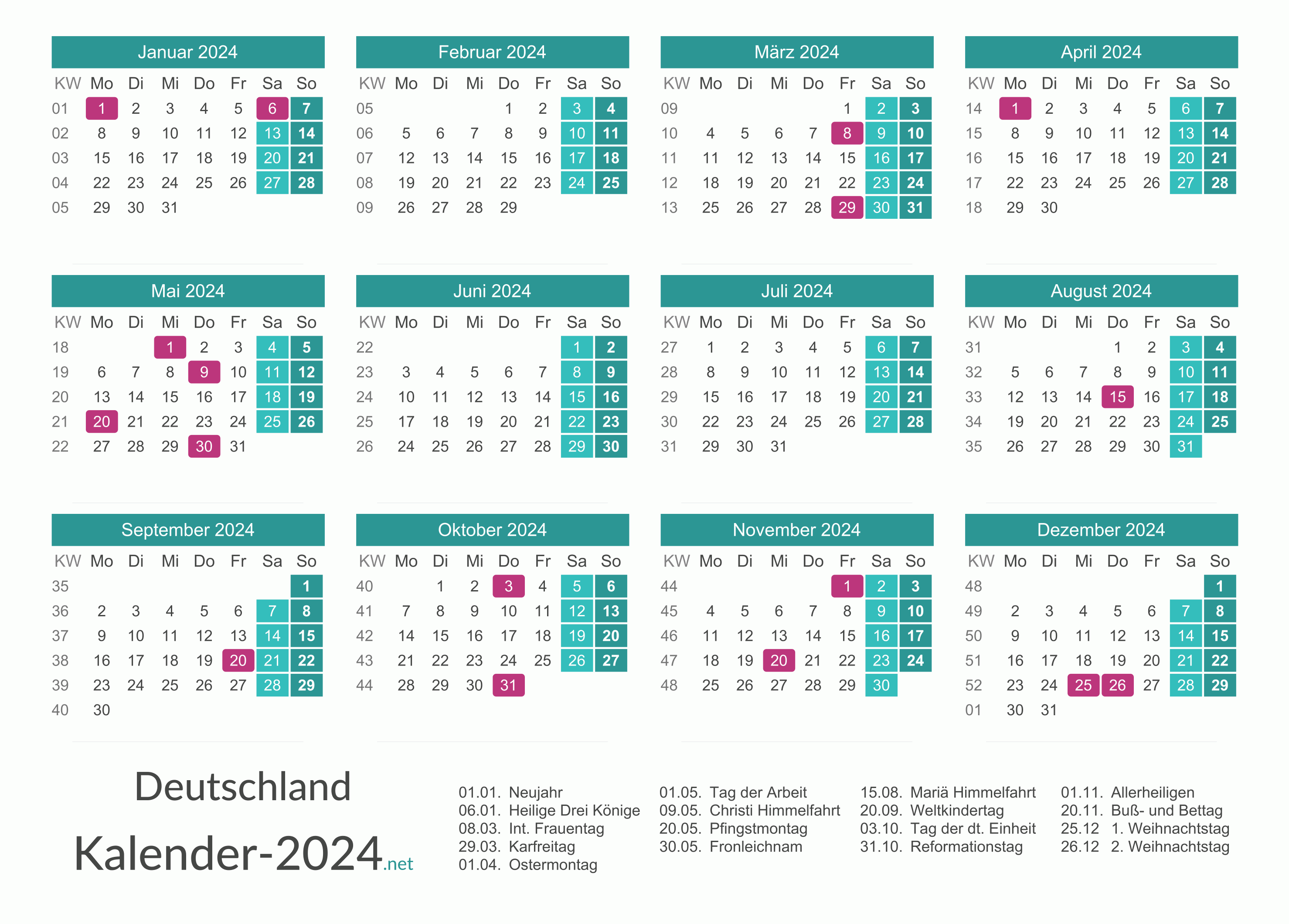 KALENDER 2024 mit Feiertagen & Ferien