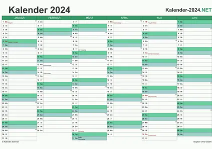 Vorschau Halbjahreskalender 2024 für EXCEL Deutschland