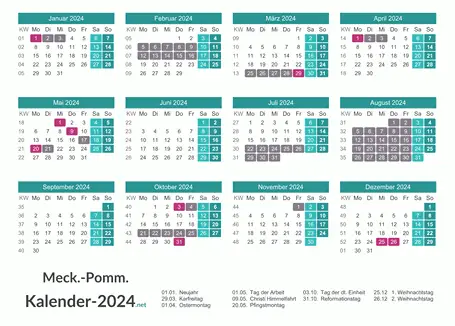 Kalender mit Ferien Meck-Pomm 2024 Vorschau