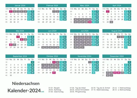 Kalender mit Ferien Niedersachsen 2024 Vorschau