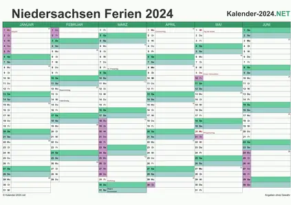 Vorschau EXCEL-Halbjahreskalender 2024 mit den Ferien Niedersachsen