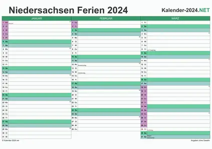 Vorschau EXCEL-Quartalskalender 2024 mit den Ferien Niedersachsen