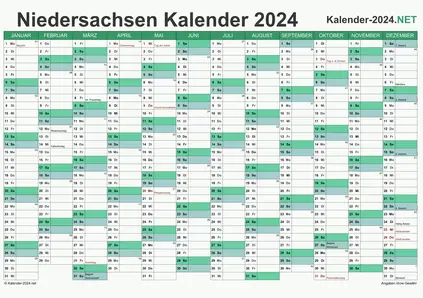 Vorschau Kalender 2024 für EXCEL mit Feiertagen Niedersachsen