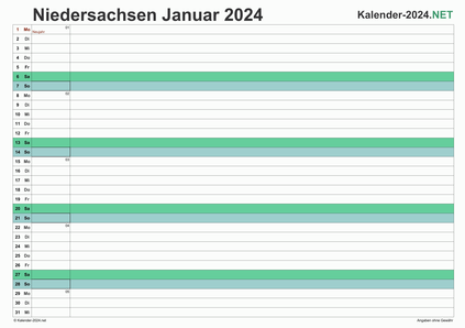 Vorschau Monatskalender 2024 für EXCEL Niedersachsen