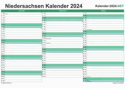 Vorschau Quartalskalender 2024 für EXCEL Niedersachsen