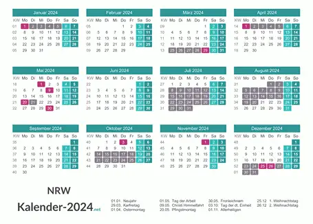 Ferien 2024 + Feiertage zum Ausdrucken - Nordrhein-Westfalen Vorschau