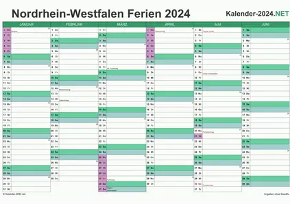 Vorschau EXCEL-Halbjahreskalender 2024 mit den Ferien Nordrhein-Westfalen