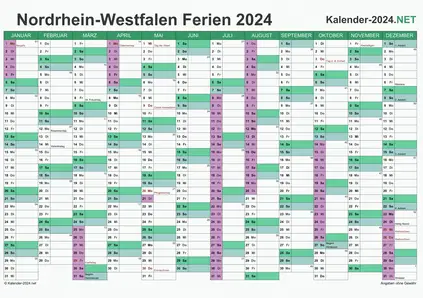 Vorschau EXCEL-Kalender 2024 mit den Ferien Nordrhein-Westfalen