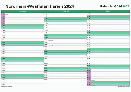Vorschau EXCEL-Quartalskalender 2024 mit den Ferien Nordrhein-Westfalen