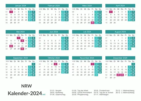 Nordrhein-Westfalen Kalender 2024 + Feiertage Vorschau