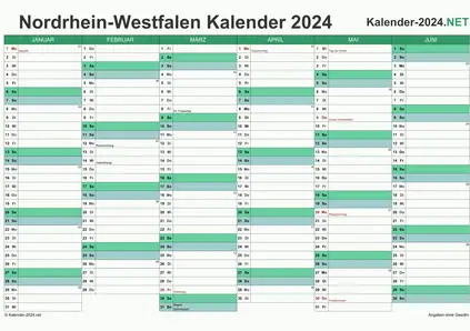 Vorschau Halbjahreskalender 2024 für EXCEL Nordrhein-Westfalen