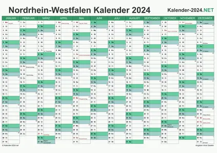 Vorschau Kalender 2024 für EXCEL mit Feiertagen Nordrhein-Westfalen