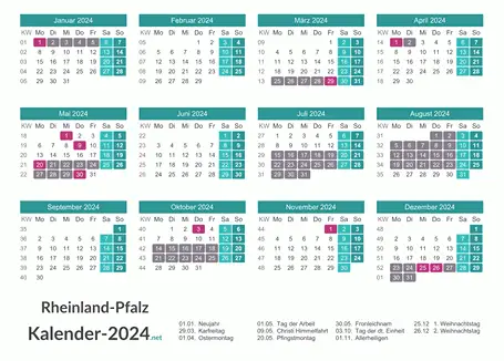 Kalender mit Ferien Rheinland-Pfalz 2024 Vorschau